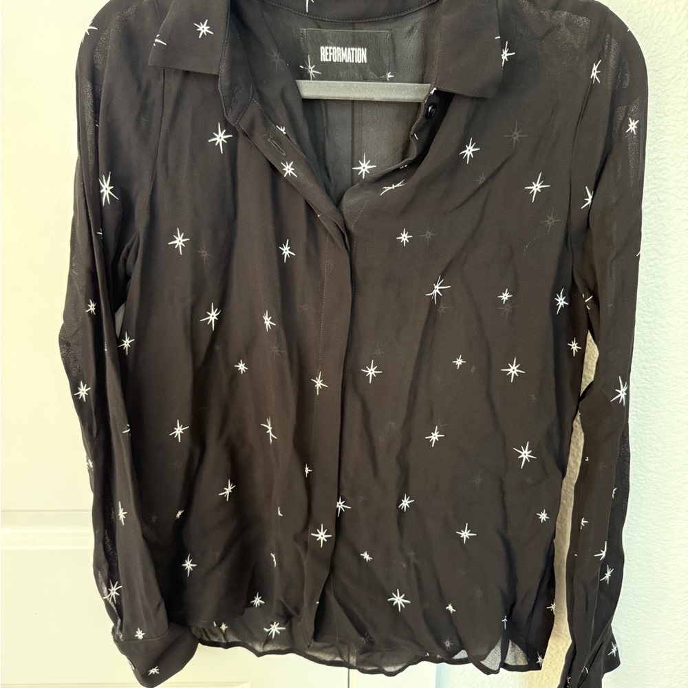 Reformation Black Star Pattern Button Down Shirt - image 5